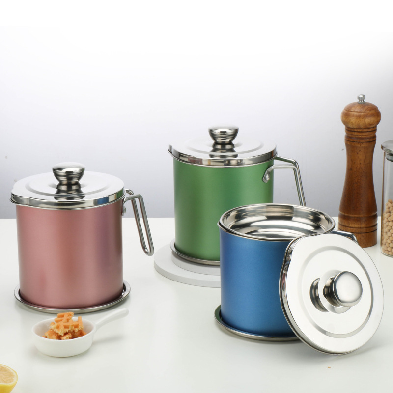 Household Oil Strainer Jug Stainless Steel Filter Screen with Lid Oil Bottle Kitchen Lard Oil Filter Artifact Oil Storage Tank