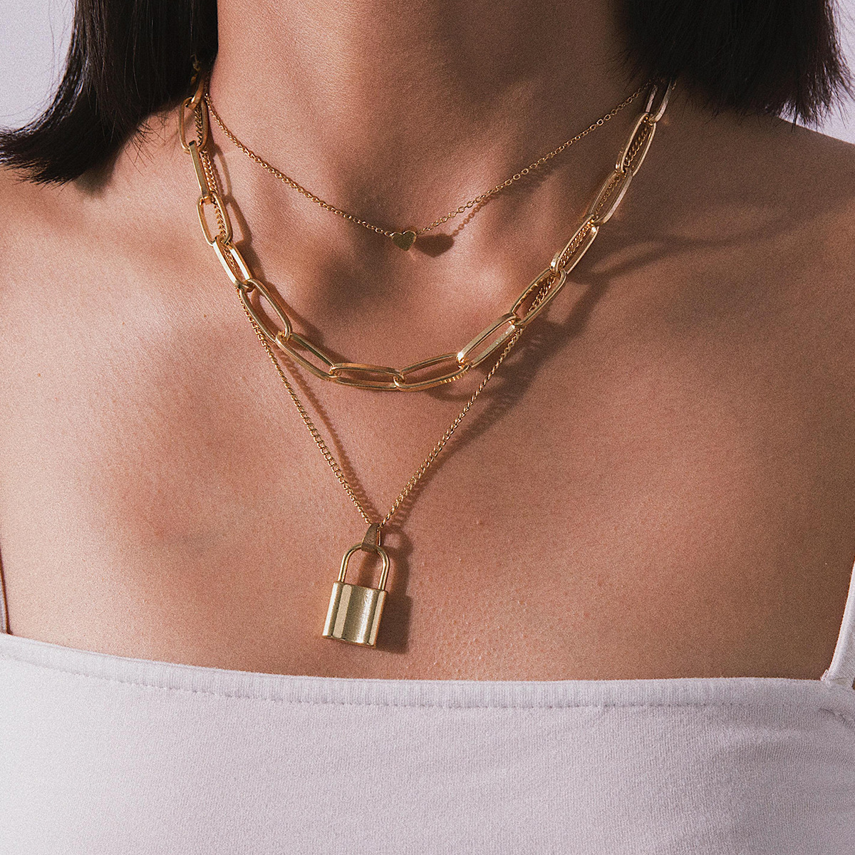 Ornament Europe and America Cross Border Exaggerated Thick Chain Necklace Women&#039;s Multi-Layer Lock-Shaped Heart Necklace Sweater Chain