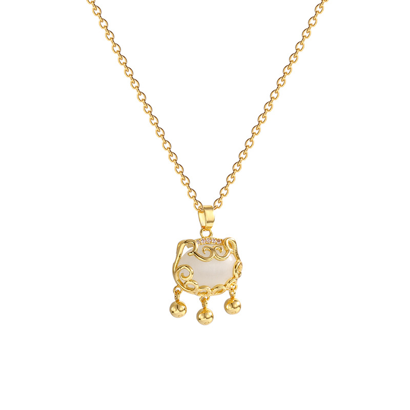 Best-Seller on Douyin Ruyi Safety Lock Titanium Steel Necklace Women&#039;s Retro Simple Opal Pendant Fashion Temperament Clavicle Chain