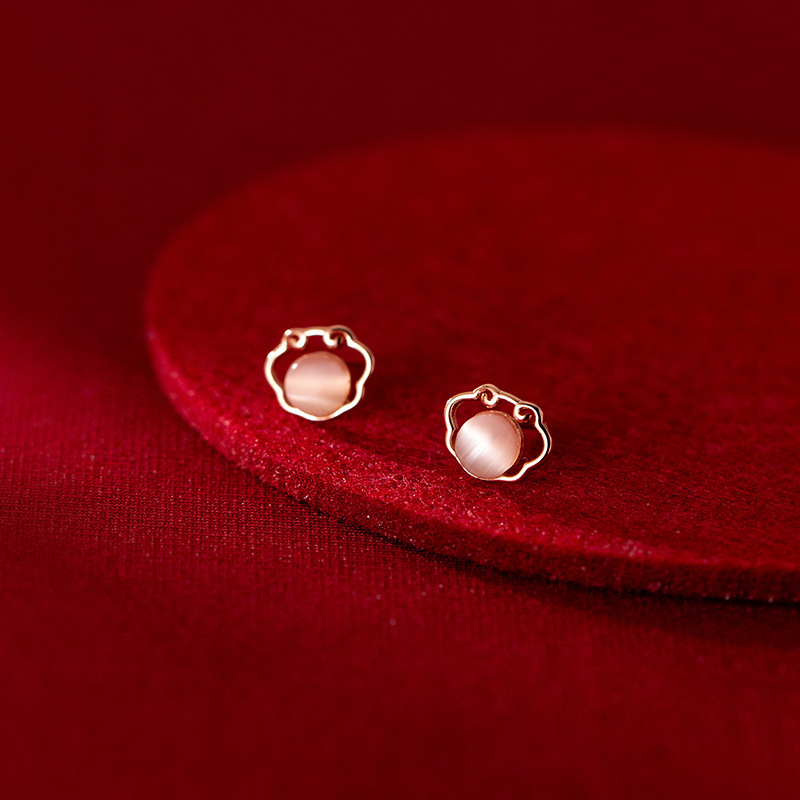 Personalized Retro Ruyi Longevity Lock Stud Earrings for Women Ins Gradient Xiangyun Opal Diamond-Embedded Elegant Chinese Style Earrings