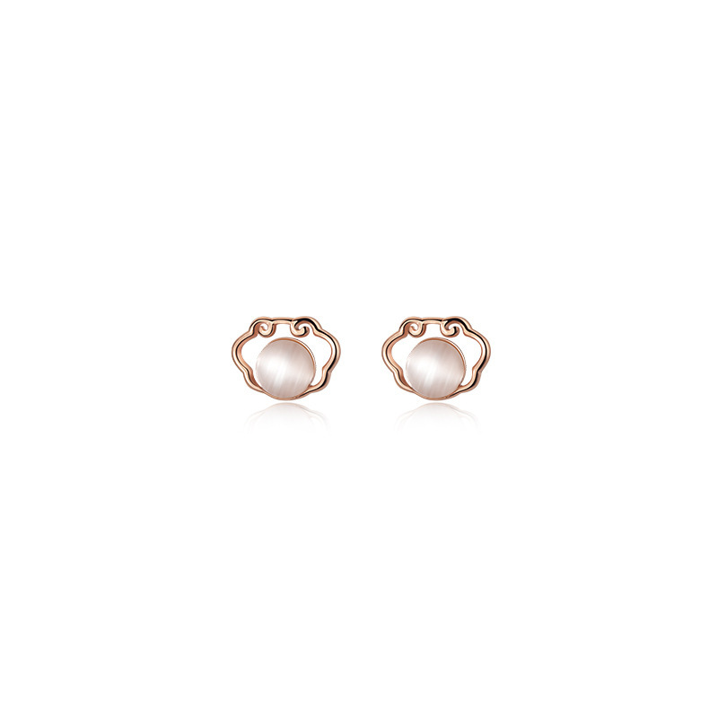 Personalized Retro Ruyi Longevity Lock Stud Earrings for Women Ins Gradient Xiangyun Opal Diamond-Embedded Elegant Chinese Style Earrings