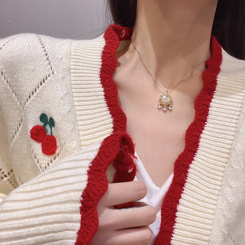 2021new Trendy Longevity Lock Chalcedony Pendant Necklace for Women Unique Design Titanium Steel Clavicle Chain Trendy Necklace
