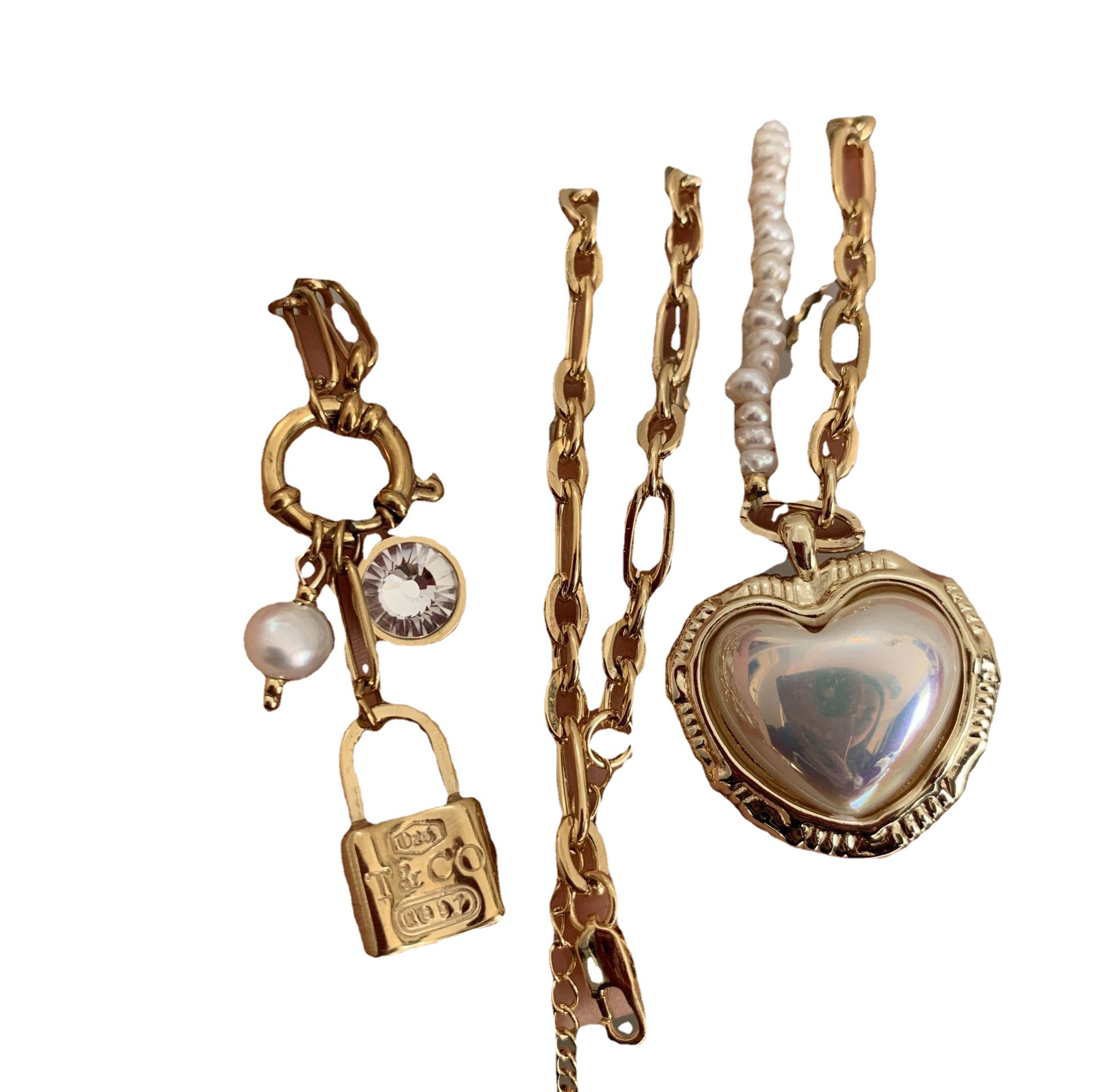 Special-Interest Design Natural Personality Fashion Pearl Metal Mix and Match Heart-Shape Lock Pendant Clavicle Chain Sweater Chain Necklace for Women
