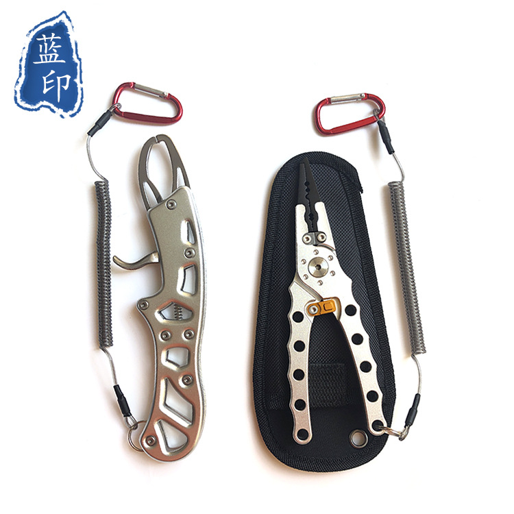 Aluminum Alloy Fish Control Device Forceps Set Open-Loop Pliers with Steel Wire Connecting Rope for Fishing Rod Multi-Functional Fishing Pliers with Lock