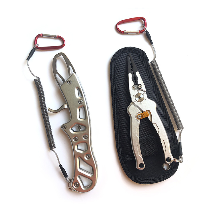 Aluminum Alloy Fish Control Device Forceps Set Open-Loop Pliers with Steel Wire Connecting Rope for Fishing Rod Multi-Functional Fishing Pliers with Lock
