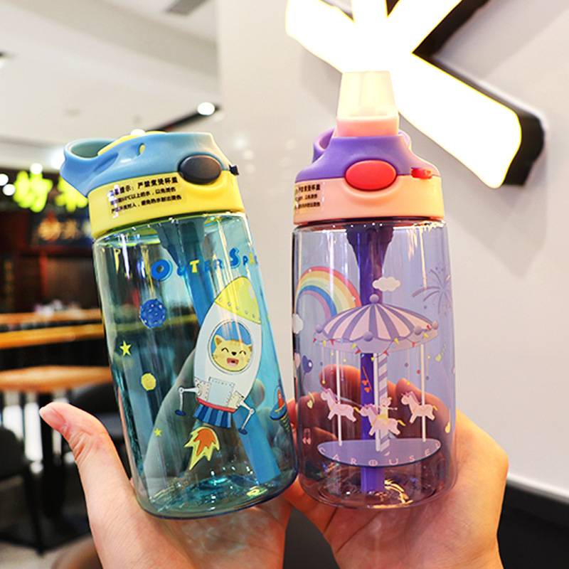 Straw Cup with Lock Buckle Summer Children&#039;s DropResistant LeakProof Plastic Kettle Female Student Cute Cartoon Cup