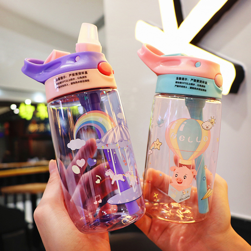 Straw Cup with Lock Buckle Summer Children&#039;s DropResistant LeakProof Plastic Kettle Female Student Cute Cartoon Cup