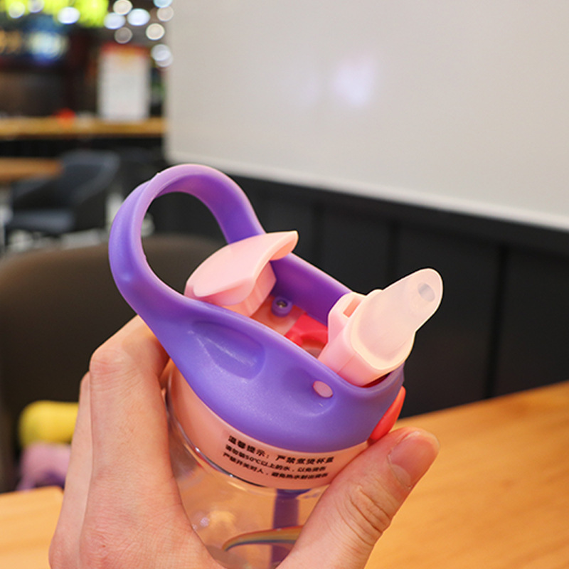 Straw Cup with Lock Buckle Summer Children&#039;s DropResistant LeakProof Plastic Kettle Female Student Cute Cartoon Cup