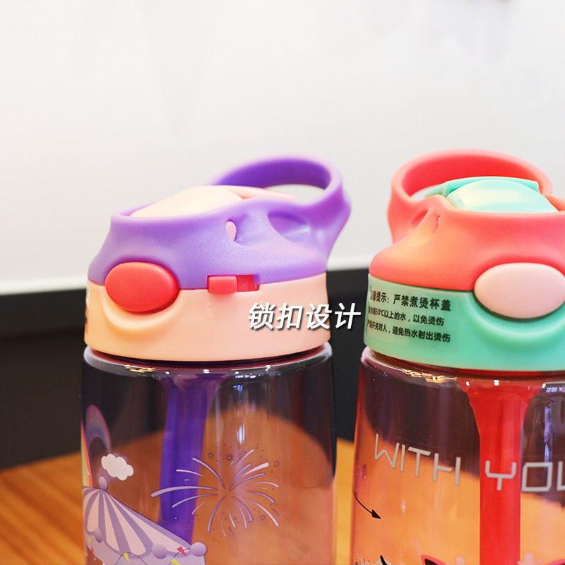 Straw Cup with Lock Buckle Summer Children&#039;s DropResistant LeakProof Plastic Kettle Female Student Cute Cartoon Cup