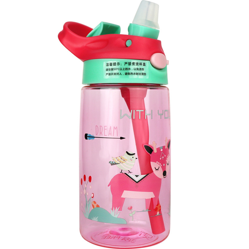 Straw Cup with Lock Buckle Summer Children&#039;s DropResistant LeakProof Plastic Kettle Female Student Cute Cartoon Cup