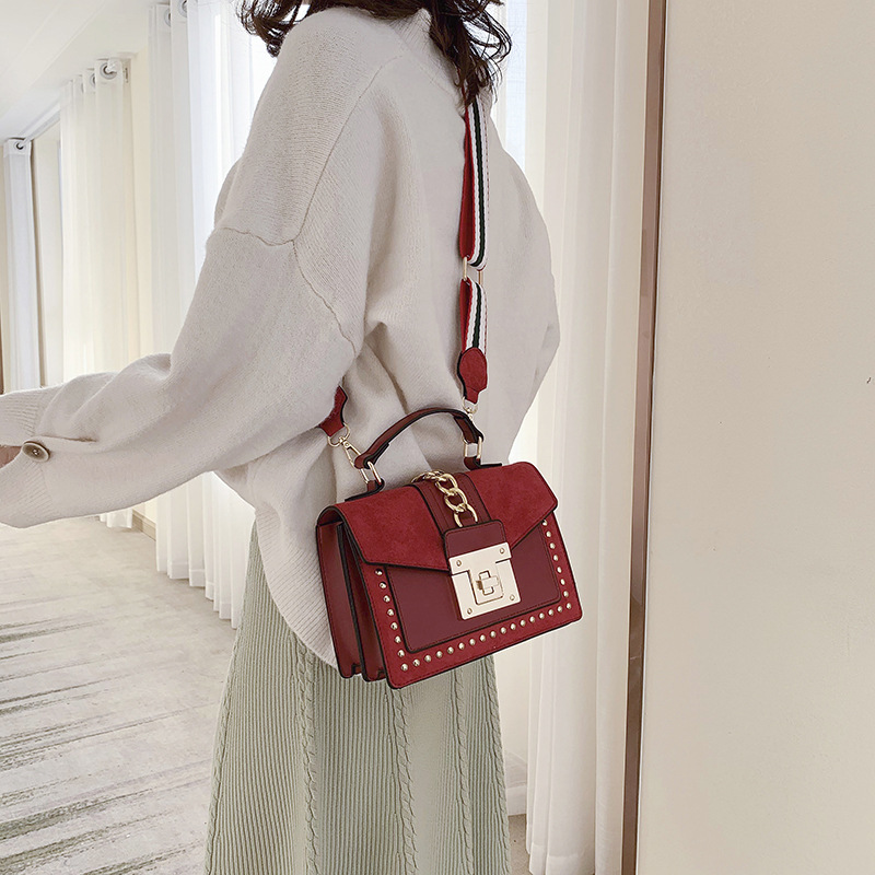 Bag for Women 2020 New Fashionable Korean Style Fashionable Rivet Casual Lock All-Matching Wide Shoulder Strap Shoulder Crossbody Small Square Bag