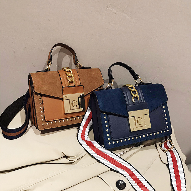 Bag for Women 2020 New Fashionable Korean Style Fashionable Rivet Casual Lock All-Matching Wide Shoulder Strap Shoulder Crossbody Small Square Bag