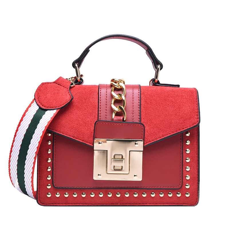 Bag for Women 2020 New Fashionable Korean Style Fashionable Rivet Casual Lock All-Matching Wide Shoulder Strap Shoulder Crossbody Small Square Bag