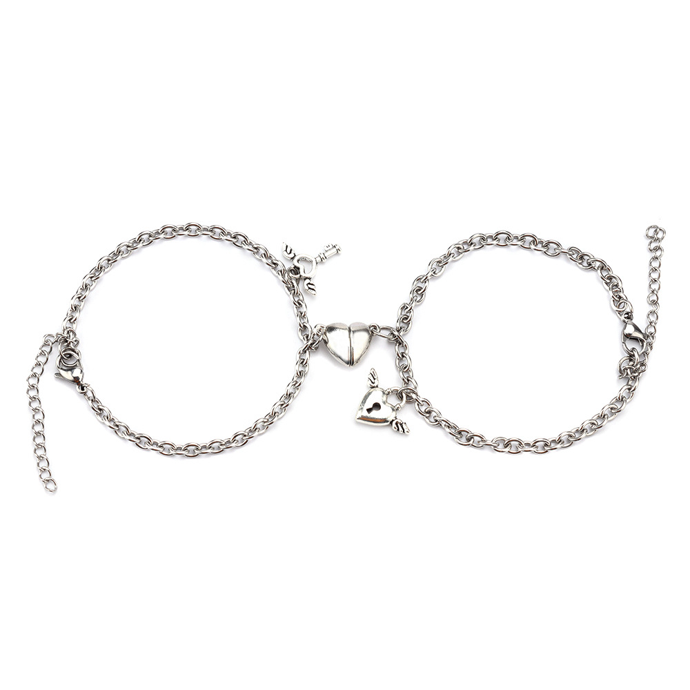 2021 New Taigang Couple Bracelet Stainless Steel Simple Heart-Shaped Magnet Suction Lock Key Men and Women Bracelet Pair