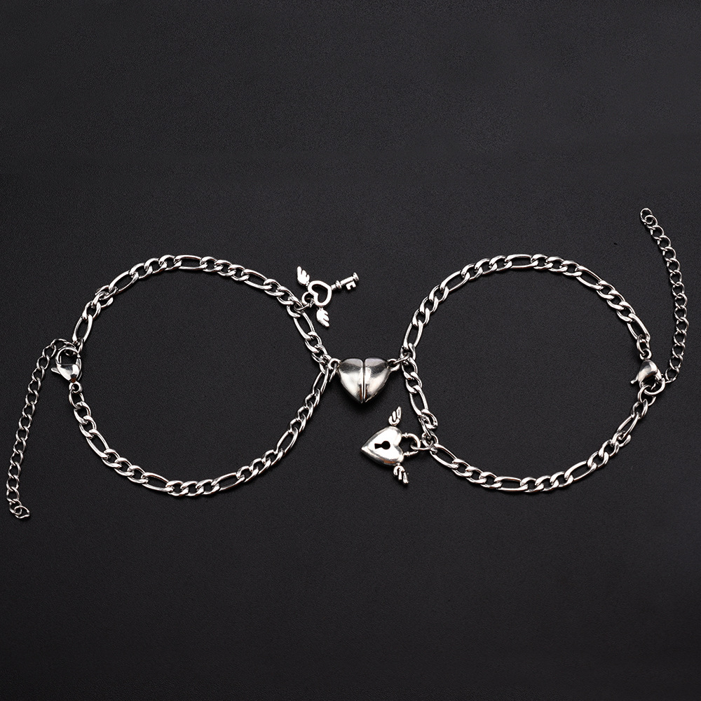 2021 New Taigang Couple Bracelet Stainless Steel Simple Heart-Shaped Magnet Suction Lock Key Men and Women Bracelet Pair