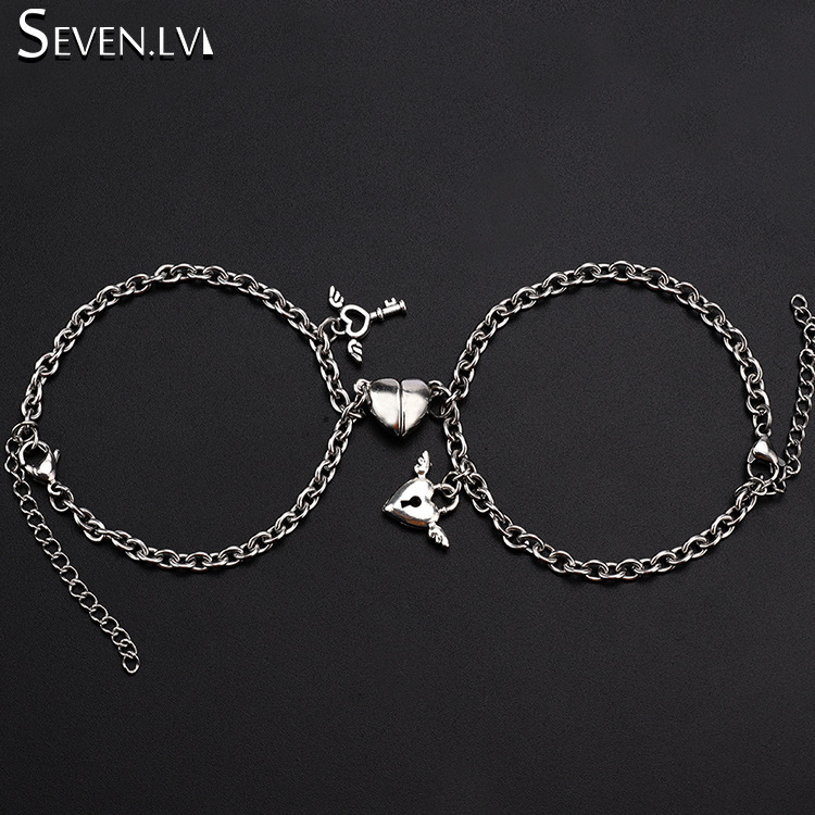 2021 New Taigang Couple Bracelet Stainless Steel Simple Heart-Shaped Magnet Suction Lock Key Men and Women Bracelet Pair