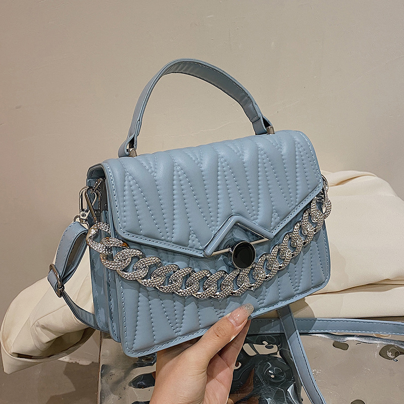 Cross-Border Foreign Trade Bag for Women 2022 New Portable Fashion Small Square Bag Pleated Lock Pu Solid Color Shoulder Crossbody Bag