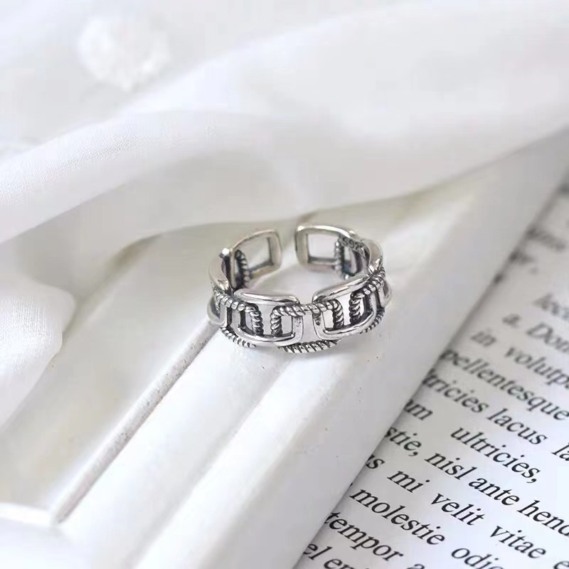 925 Sterling Silver Chain Lock Ring Vintage Ring Stylish Opening Adjustable Index Finger Ring Female Commemorative Gift