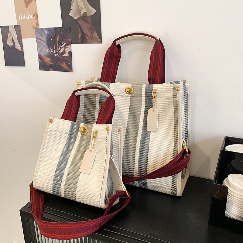 Cross-Border Foreign Trade Women&#039;s Bag 2021 New Fashion Portable Striped Canvas Tote Bag Popular Lock Shoulder Messenger Bag