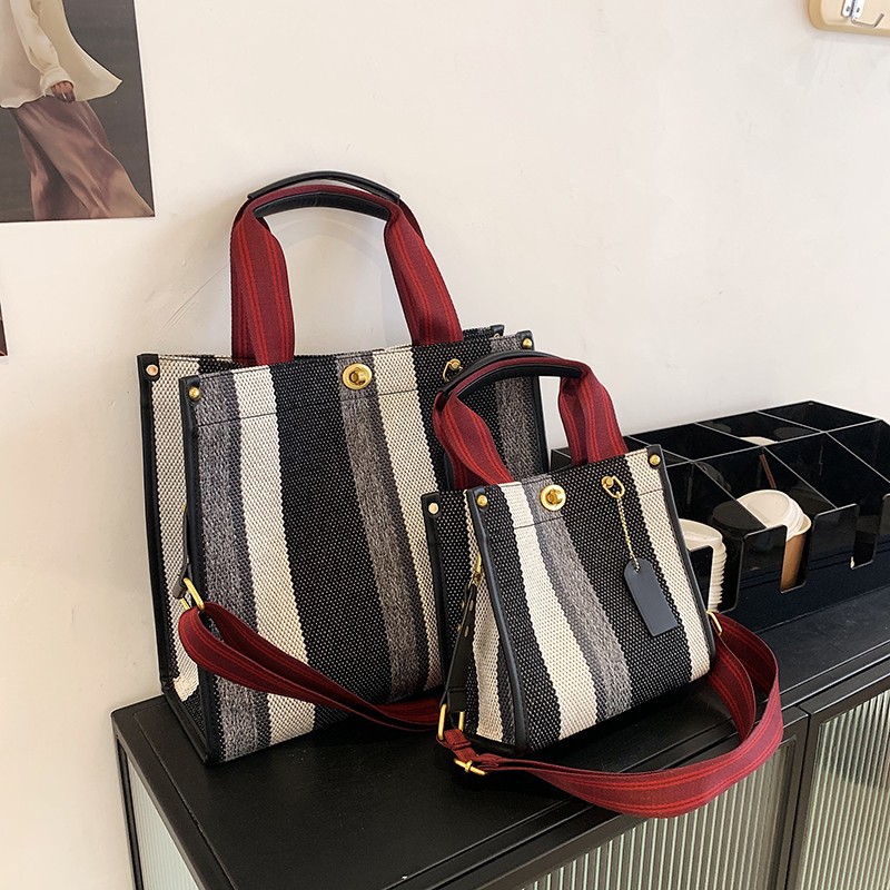 Cross-Border Foreign Trade Women&#039;s Bag 2021 New Fashion Portable Striped Canvas Tote Bag Popular Lock Shoulder Messenger Bag
