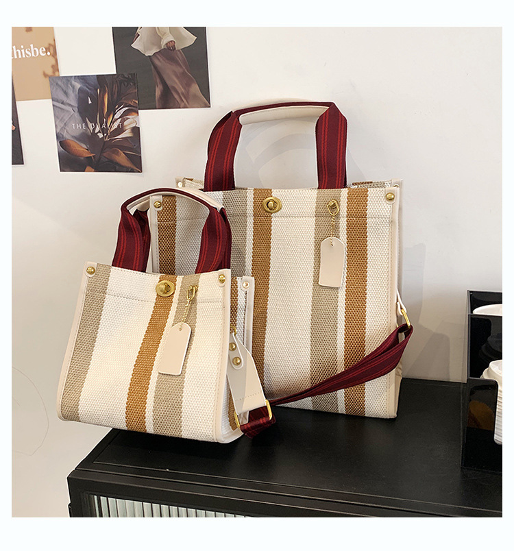 Cross-Border Foreign Trade Women&#039;s Bag 2021 New Fashion Portable Striped Canvas Tote Bag Popular Lock Shoulder Messenger Bag