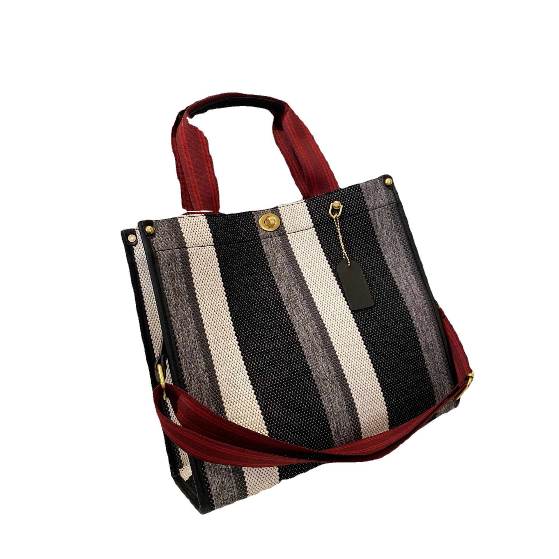 Cross-Border Foreign Trade Women&#039;s Bag 2021 New Fashion Portable Striped Canvas Tote Bag Popular Lock Shoulder Messenger Bag
