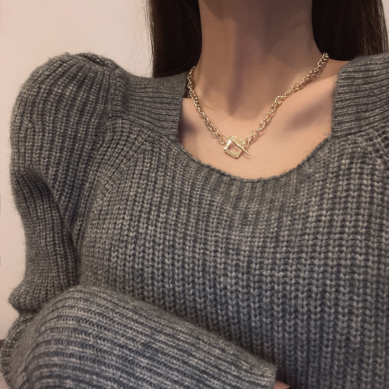 Europe and America Creative Square Lock Necklace for Women Niche Normcore Bag Simple Chunky Chain Necklace Street Fashion All-Match Ornament