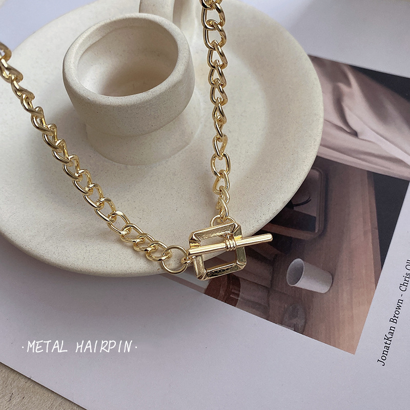 Europe and America Creative Square Lock Necklace for Women Niche Normcore Bag Simple Chunky Chain Necklace Street Fashion All-Match Ornament
