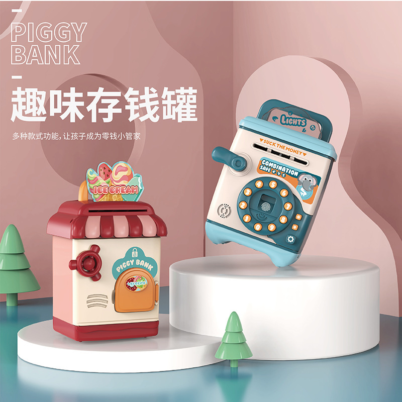 New Children &#039;S Multi-Function Automatic Coin Roll ATM Fingerprint Password Lock Coin Bank Creative Cartoon Safe Box