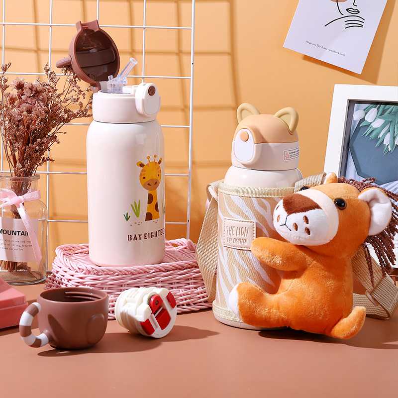 Cartoon Doll Cloth Cover Vacuum Cup 316 Stainless Steel Plush Playmate Bottle for Children Lock Bounce Cover Student Straw Cup