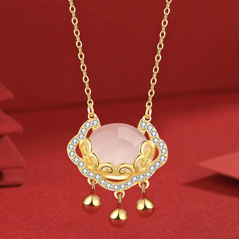 Korean Style Xiangyun Fu Lock Ruyi Safety Lock Necklace Female Niche Design White Chalcedony Long Life Clavicle Chain Silver Accessories