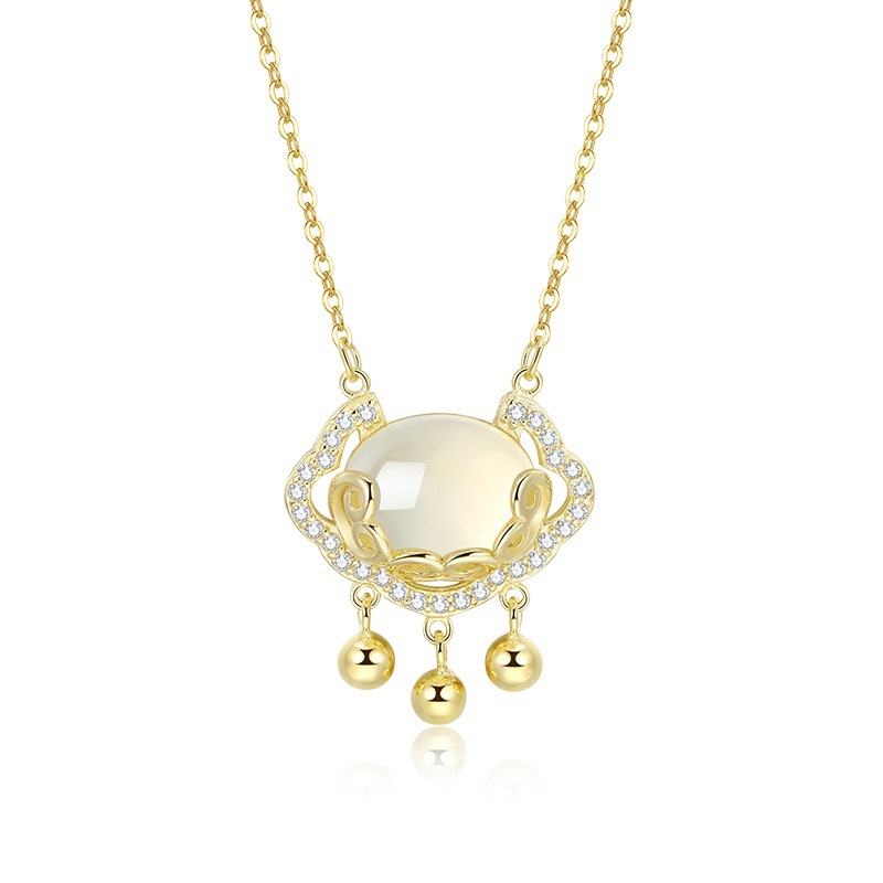 Korean Style Xiangyun Fu Lock Ruyi Safety Lock Necklace Female Niche Design White Chalcedony Long Life Clavicle Chain Silver Accessories