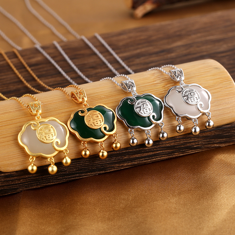 S925 Sterling Silver Longevity Lock Necklace Ladies&#039; National Style Retro Hetian Jade Lock of Good Wishes Pendant Special-Interest Design Jewelry