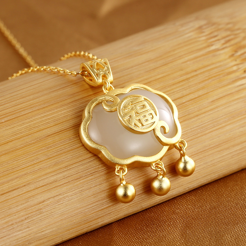 S925 Sterling Silver Longevity Lock Necklace Ladies&#039; National Style Retro Hetian Jade Lock of Good Wishes Pendant Special-Interest Design Jewelry