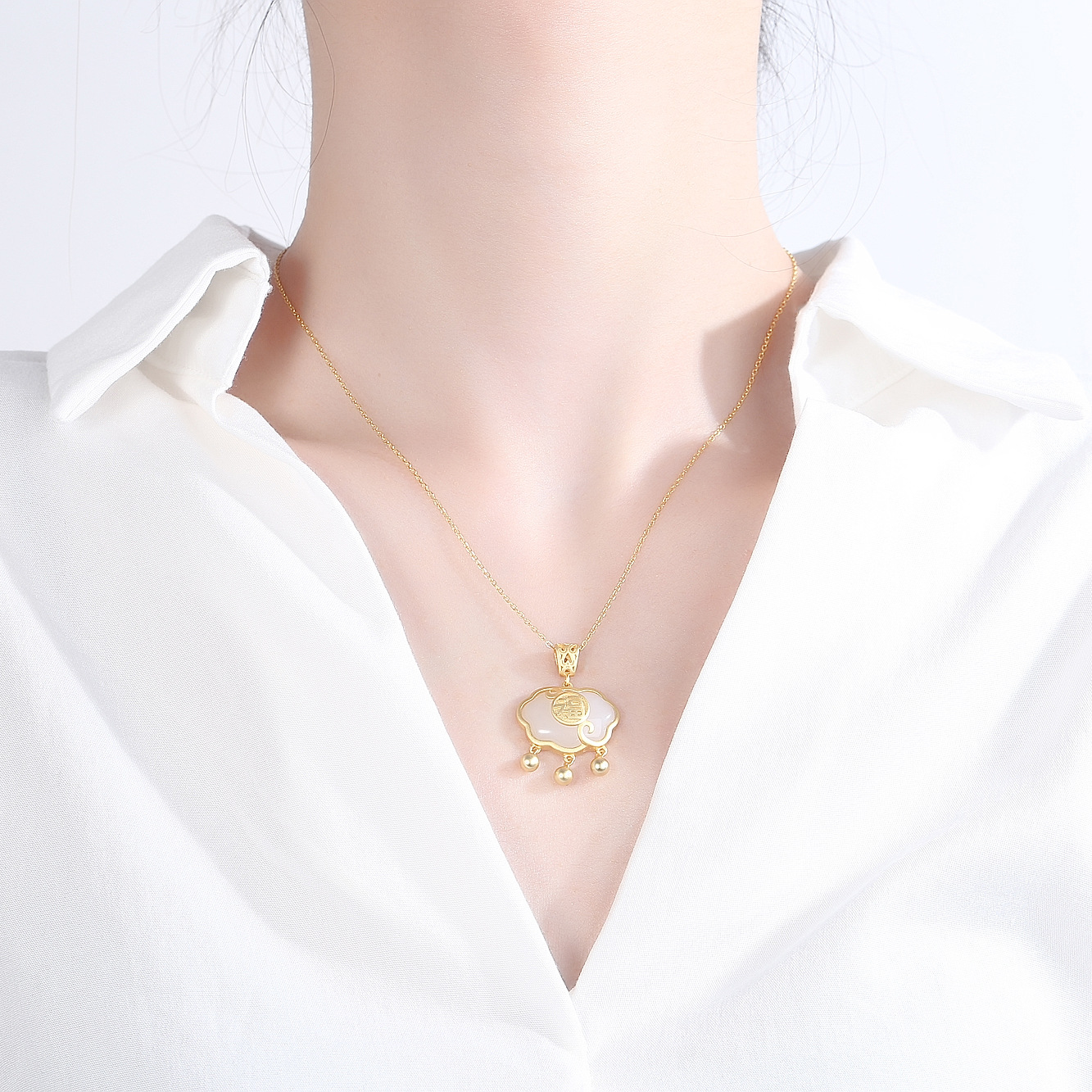 S925 Sterling Silver Longevity Lock Necklace Ladies&#039; National Style Retro Hetian Jade Lock of Good Wishes Pendant Special-Interest Design Jewelry