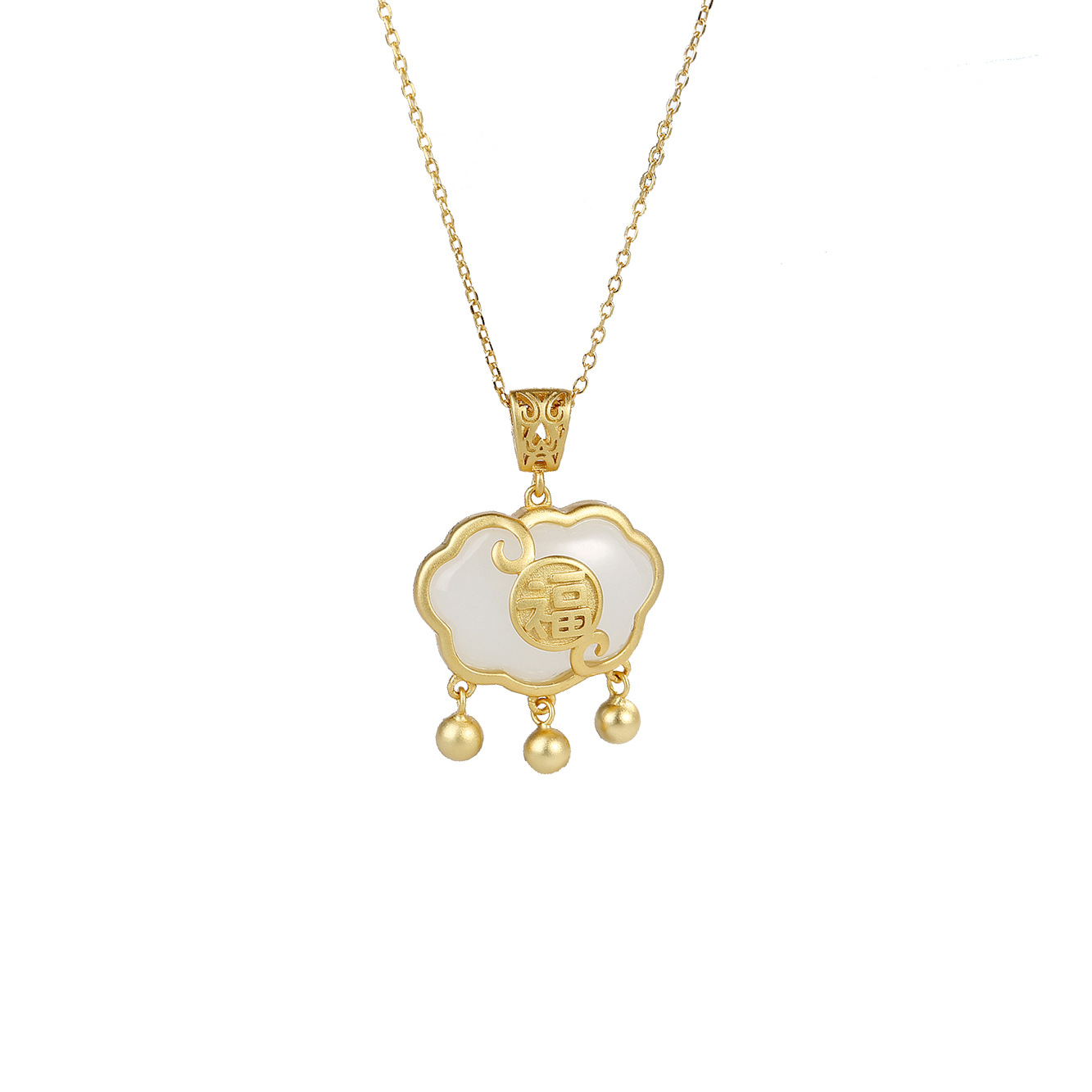 S925 Sterling Silver Longevity Lock Necklace Ladies&#039; National Style Retro Hetian Jade Lock of Good Wishes Pendant Special-Interest Design Jewelry