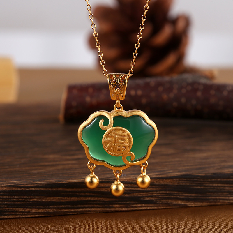 S925 Sterling Silver Longevity Lock Necklace Ladies&#039; National Style Retro Hetian Jade Lock of Good Wishes Pendant Special-Interest Design Jewelry