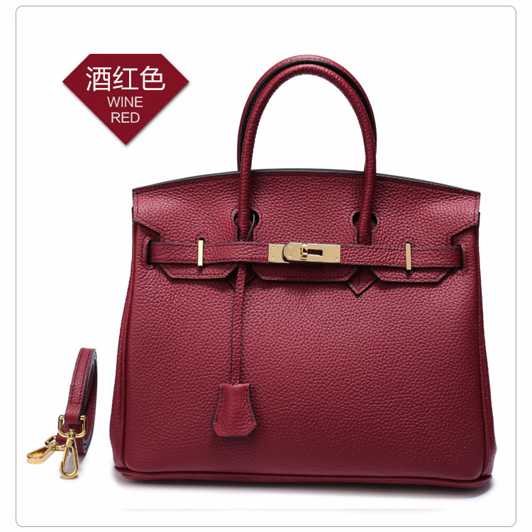Litchi Pattern Birkin Bag First Layer Cowhide Portable Shoulder Bag Lock Women&#039;s Leather Bags Factory Wholesale