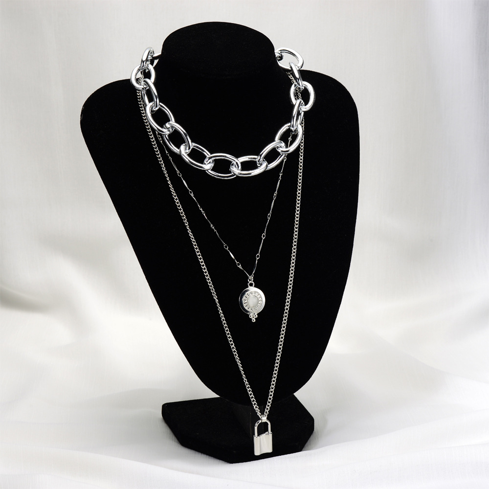 European and American New Accessories Necklace Exaggerated Hip Hop Style Necklace Diamond Lock Pendant Multi-Layer Female Necklace Foreign Trade Wholesale