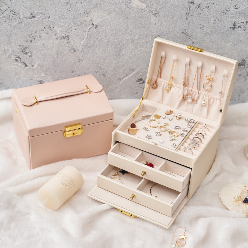 Three-Layer Leather Drawer Jewelry Box Light Luxury Earring Jewelry Storage Box Ear Studs Earrings with Lock Jewelry Box