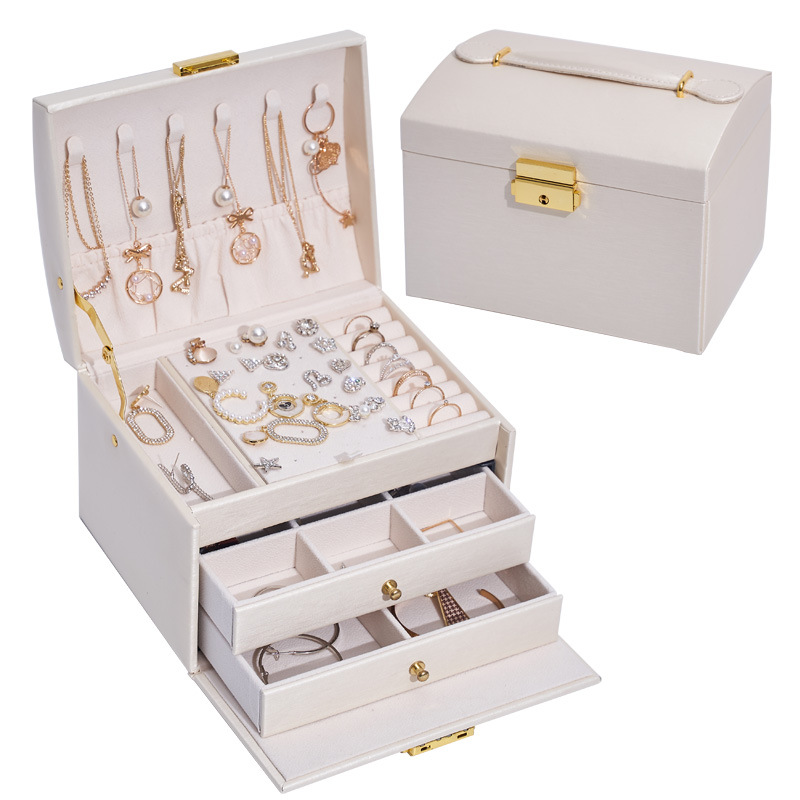 Three-Layer Leather Drawer Jewelry Box Light Luxury Earring Jewelry Storage Box Ear Studs Earrings with Lock Jewelry Box