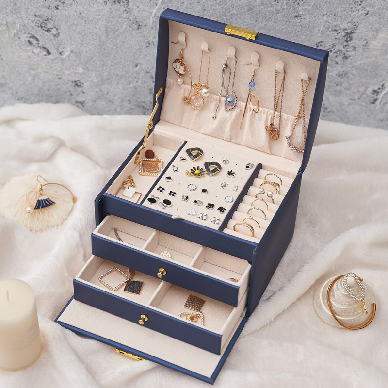 Three-Layer Leather Drawer Jewelry Box Light Luxury Earring Jewelry Storage Box Ear Studs Earrings with Lock Jewelry Box