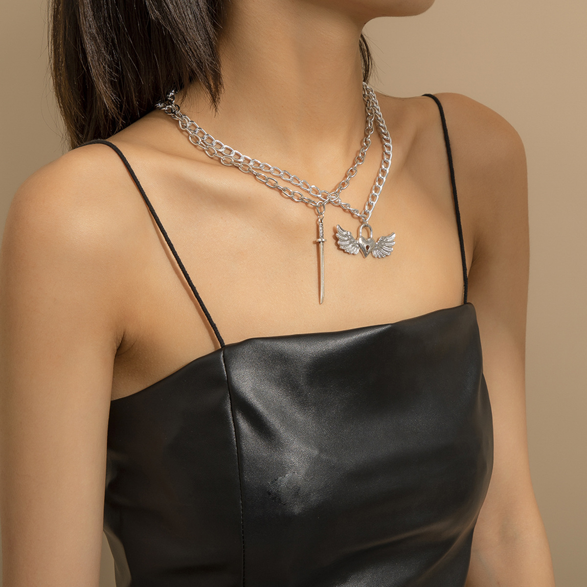 Creative Heart-Shaped Lock Sword-Shaped Set Necklace Women&#039;s Simple Punk Metal Sweet Cool Ornament