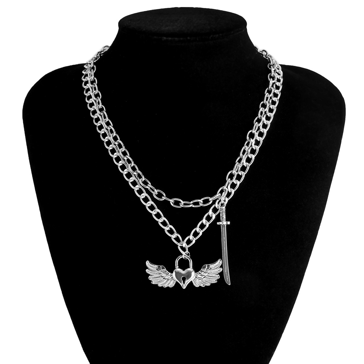 Creative Heart-Shaped Lock Sword-Shaped Set Necklace Women&#039;s Simple Punk Metal Sweet Cool Ornament