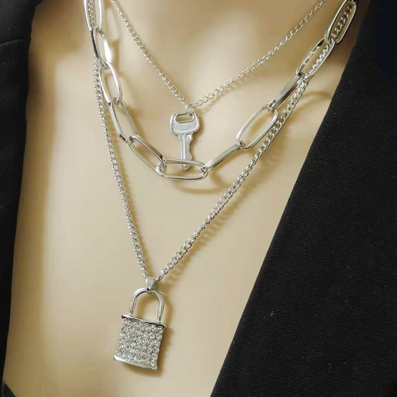 Europe and America Cross Border Popular Creative Fashion Diamond Lock-Shaped Necklace Female Retro Easy Matching Multi-Layer Key Lock Head Sweater Chain