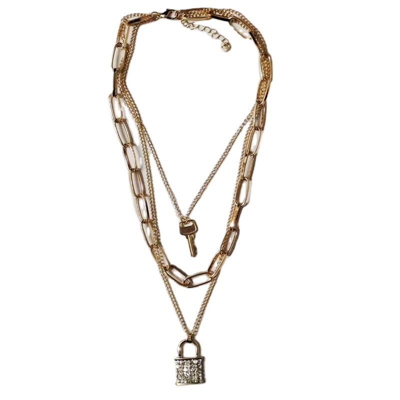 Europe and America Cross Border Popular Creative Fashion Diamond Lock-Shaped Necklace Female Retro Easy Matching Multi-Layer Key Lock Head Sweater Chain
