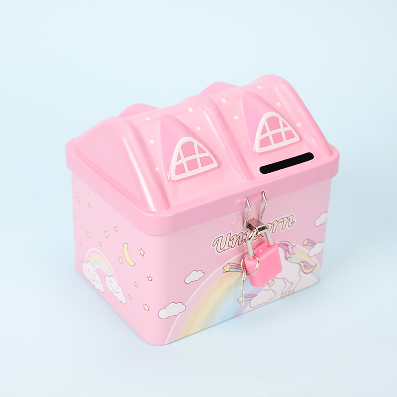 Cartoon House Money Box Creative Tinplate Savings Bank Unicorn with Lock Saving Pot Children&#039;s Birthday Gifts