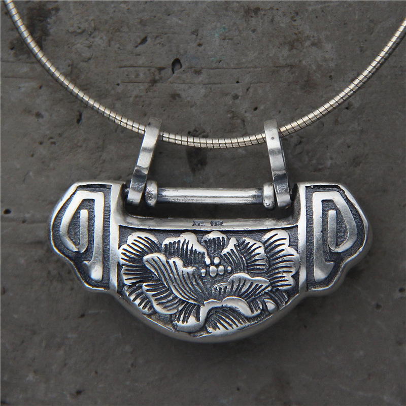 Antique Ethnic Style Peony Flower Necklace Pendant Pure Silver S925 Ruyi Longevity Lock Sterling Silver Pendant Adult Ladies