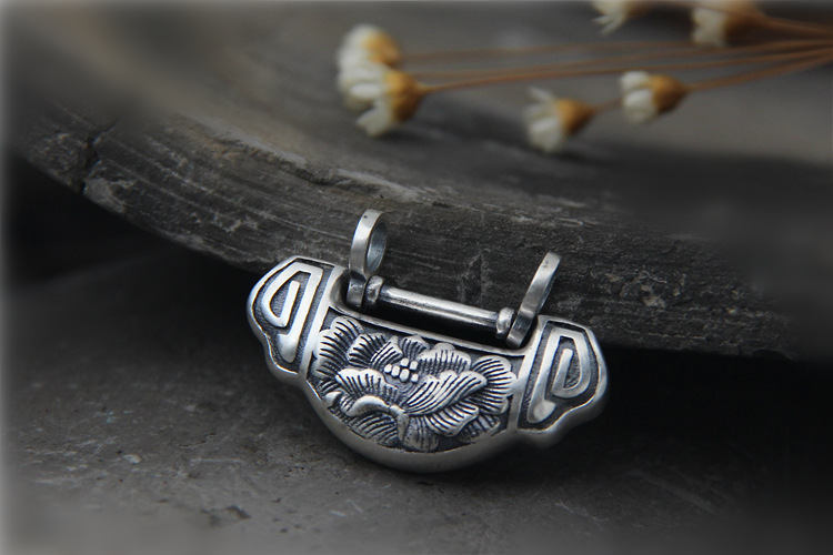 Antique Ethnic Style Peony Flower Necklace Pendant Pure Silver S925 Ruyi Longevity Lock Sterling Silver Pendant Adult Ladies