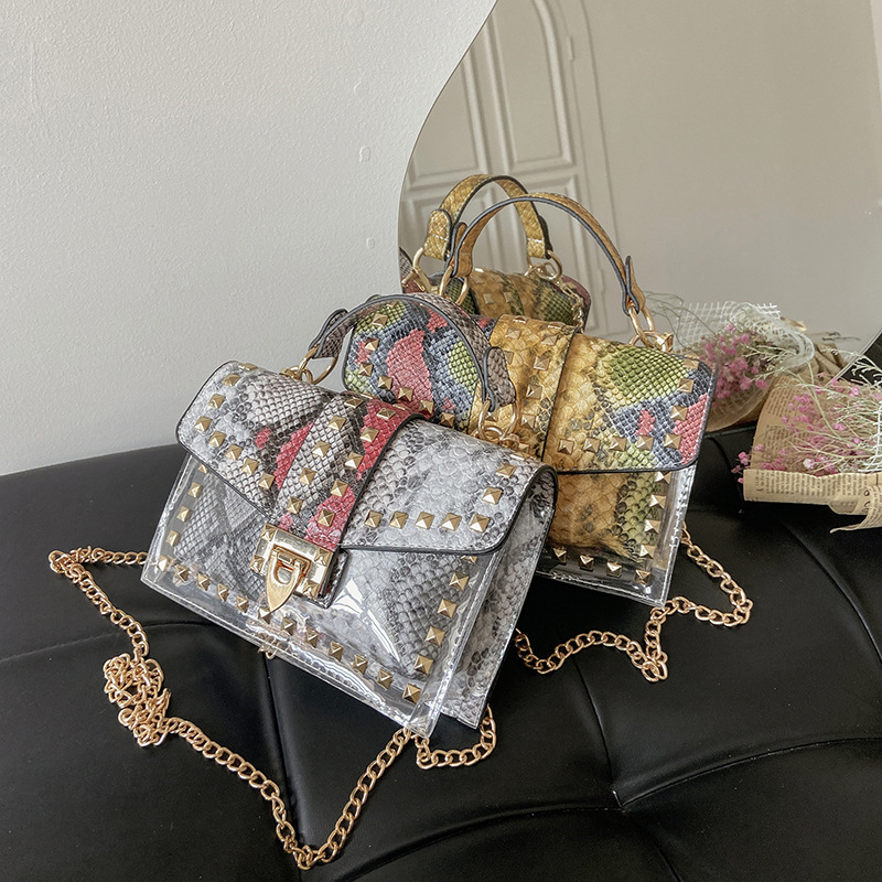 Snakeskin Pattern Small Bag for Women 2021 New Trendy Korean Lock Latch Portable Shoulder Bag Rivet Fashion Crossbody Small Square Bag